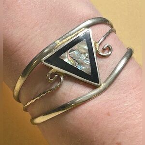 Triangular Abalone Inlay Alpaca Silver Mexico Cuff Bracelet